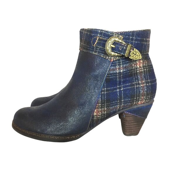 Spring Step LArtiste Scotala Heeled Ankle Boot 10/41 Navy Blue Plaid Leather Zip - Picture 4 of 13